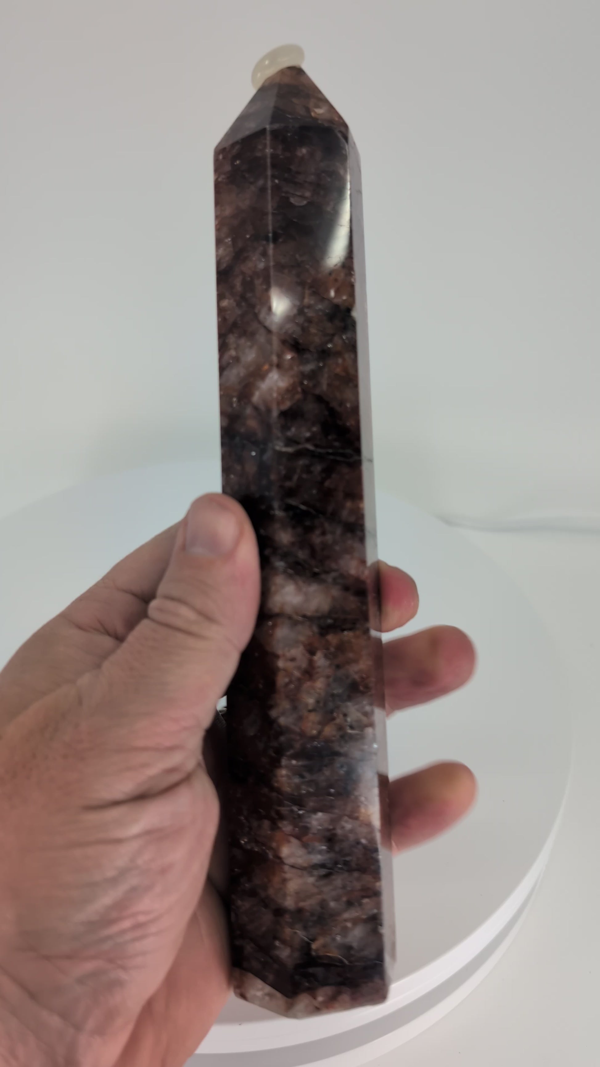 360° rotation video – Brazilian Fire Quartz tower, 21.5 cm, premium Hematoid Quartz
