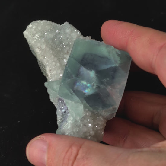 Video showing a 360° rotation and UV-reactive glow of Blue Jelly Fluorite with phantom on quartz matrix from Yaogangxian Mine, China