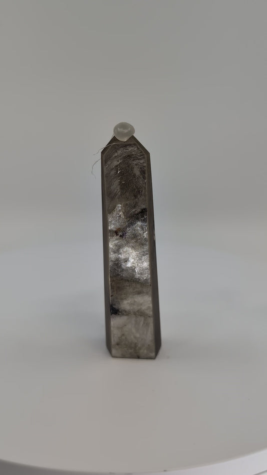 360° rotation video showing polished Golden Mica tower with metallic bronze sheen