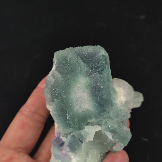360° video of Blue Sugar Fluorite specimen from Fujian, China, showcasing cubic formation, sugary coating, and UV-reactive zones