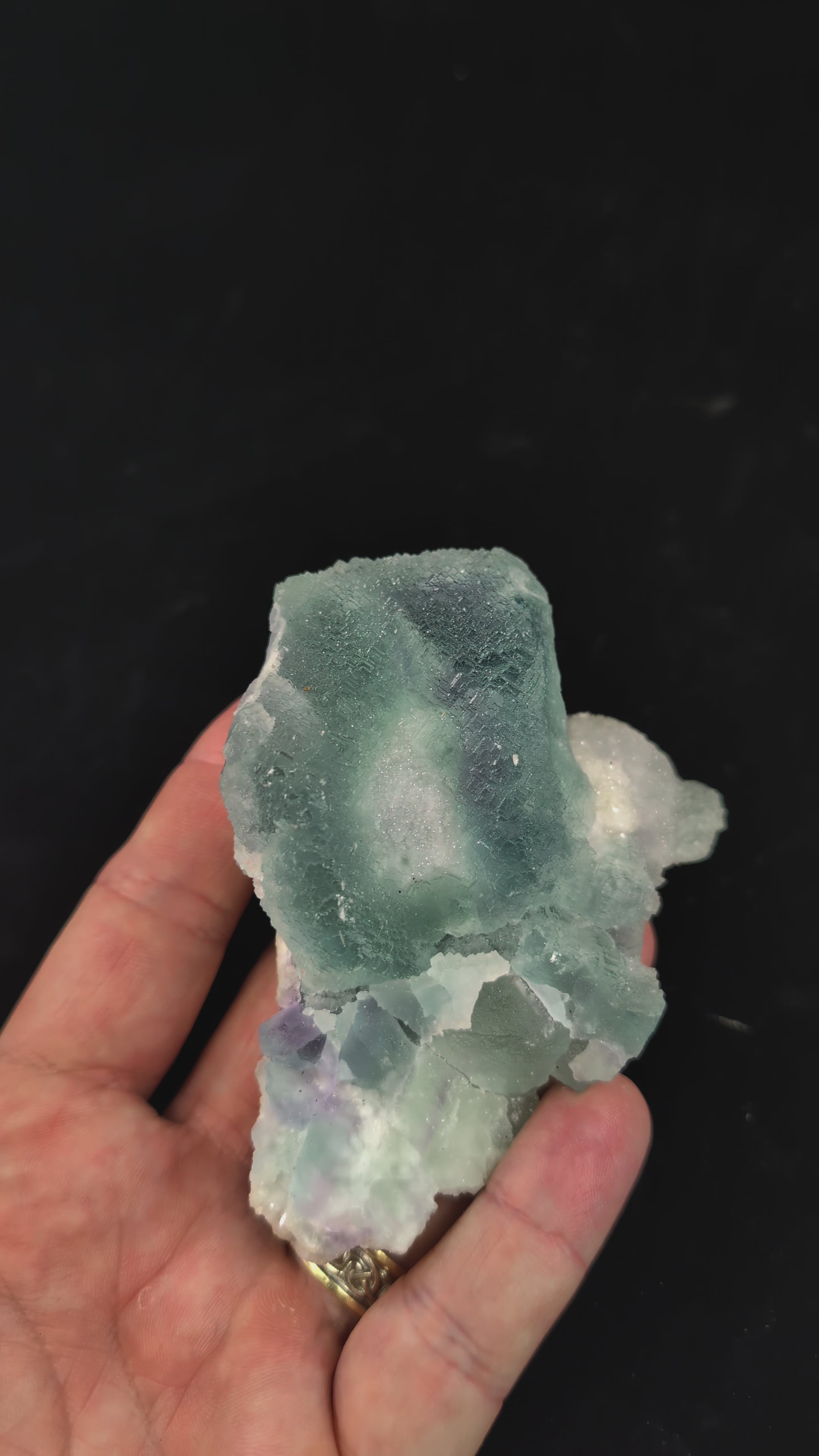 360° video of Blue Sugar Fluorite specimen from Fujian, China, showcasing cubic formation, sugary coating, and UV-reactive zones