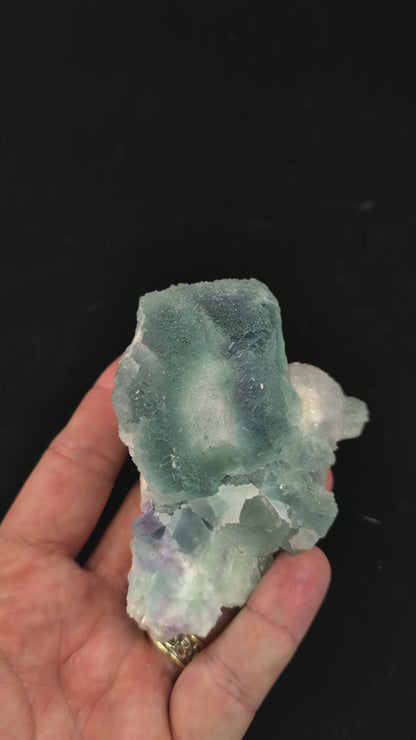 360° video of Blue Sugar Fluorite specimen from Fujian, China, showcasing cubic formation, sugary coating, and UV-reactive zones