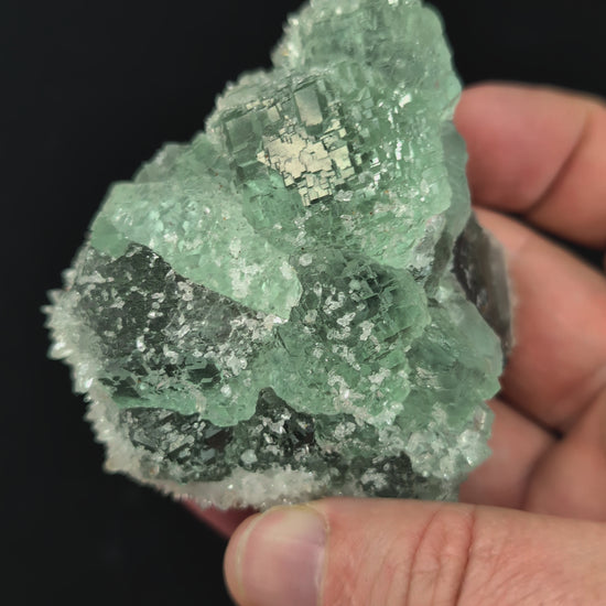 360-degree video of Green Diamond Fluorite with Quartz from Fujian, China – showcasing crystal luster, stepped fluorite growth, and drusy quartz sparkle under lighting