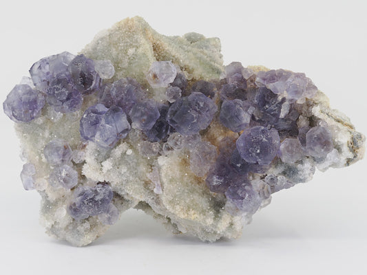 Top down view of a large 13cm purple Fluorite cluster with modified cubic crystals