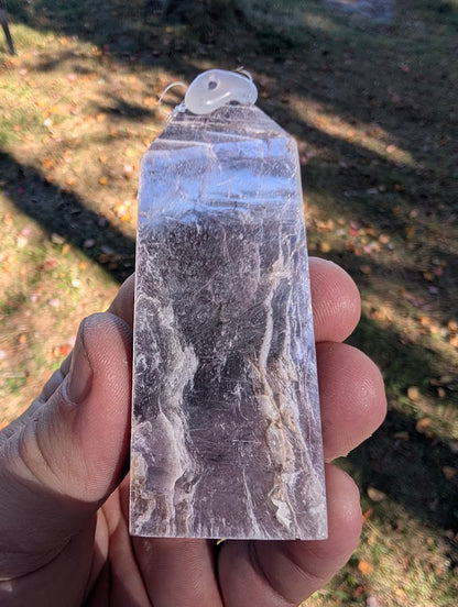 Front view of Purple Lepidolite Mica Tower (#1), 65 g, 78 × 31 × 17 mm, polished six-sided point from Brazil