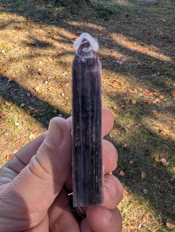 Purple Lepidolite Mica Tower (#1) in hand, showing size, proportions, and natural shimmer