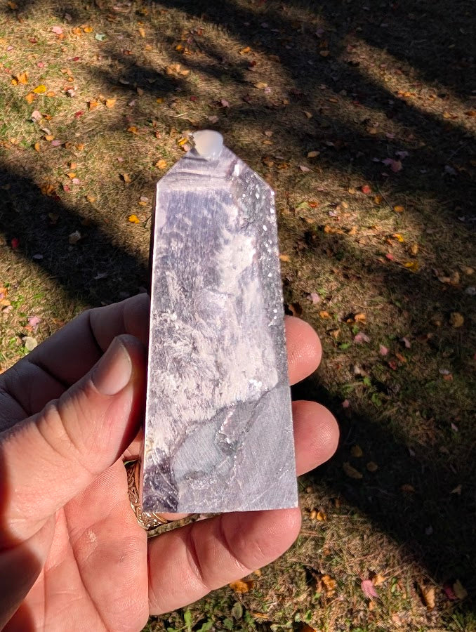 Front view of Purple Lepidolite Mica Tower (#2), 145 g, 91 × 37 × 20 mm, polished six-sided point from Brazil