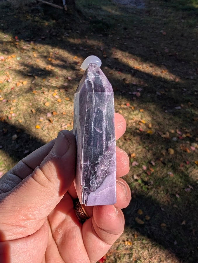 Reverse side of Purple Lepidolite tower (#3) with visible sheeted texture and clean termination