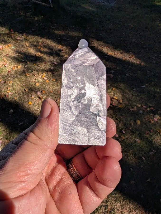 Front view of Purple Lepidolite Mica Tower (#3), 90 g, 73 × 32 × 18 mm, polished six-sided point from Brazil