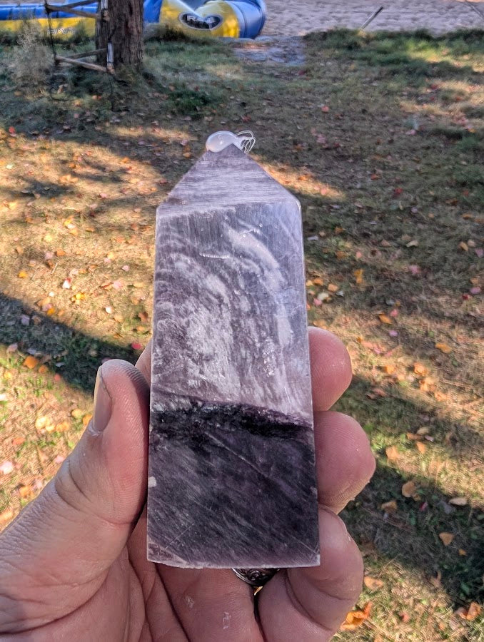 Front view of Purple Lepidolite Mica Tower (#4), 80 g, 77 × 26 × 18 mm, polished six-sided point from Brazil