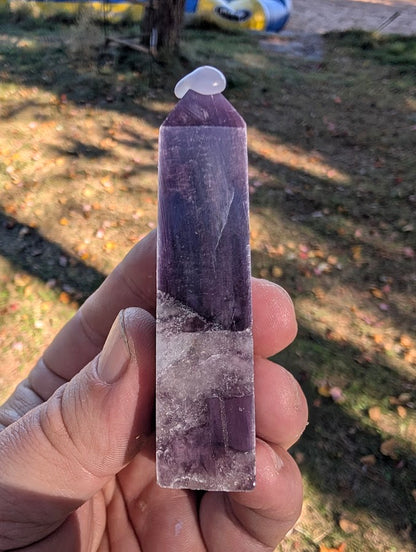 Side profile of Brazilian Purple Lepidolite Mica Tower showing violet and silver shimmer