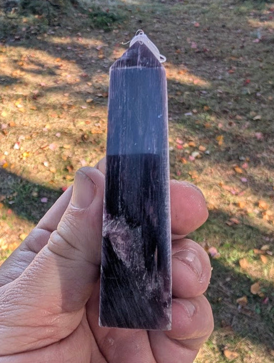 Side profile of Brazilian Purple Lepidolite Mica Tower showing violet and silver shimmer