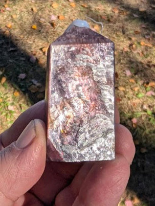 Front view of Purple Lepidolite Mica Tower (#5), 80 g, 60 × 28 × 19 mm, polished crystal point from Brazil