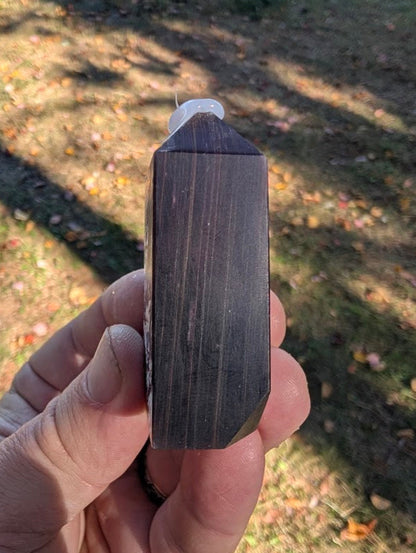 Side profile of Brazilian Purple Lepidolite Mica Tower showing layered mica shimmer