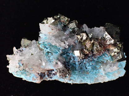 Pyrite and Quartz on Blue Gibbsite – Shangbao Mine, Hunan, China - Legacy Crystals and Minerals