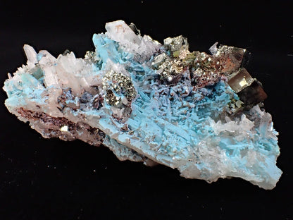 Pyrite and Quartz on Blue Gibbsite – Shangbao Mine, Hunan, China - Legacy Crystals and Minerals