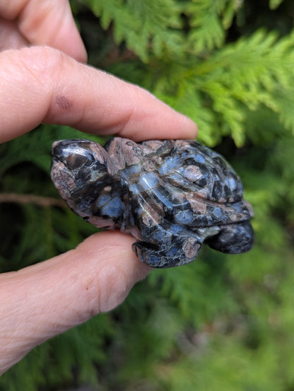 Hand holding a polished Que Sera Llanite geometric turtle carving, demonstrating its two-inch size and glossy finish.