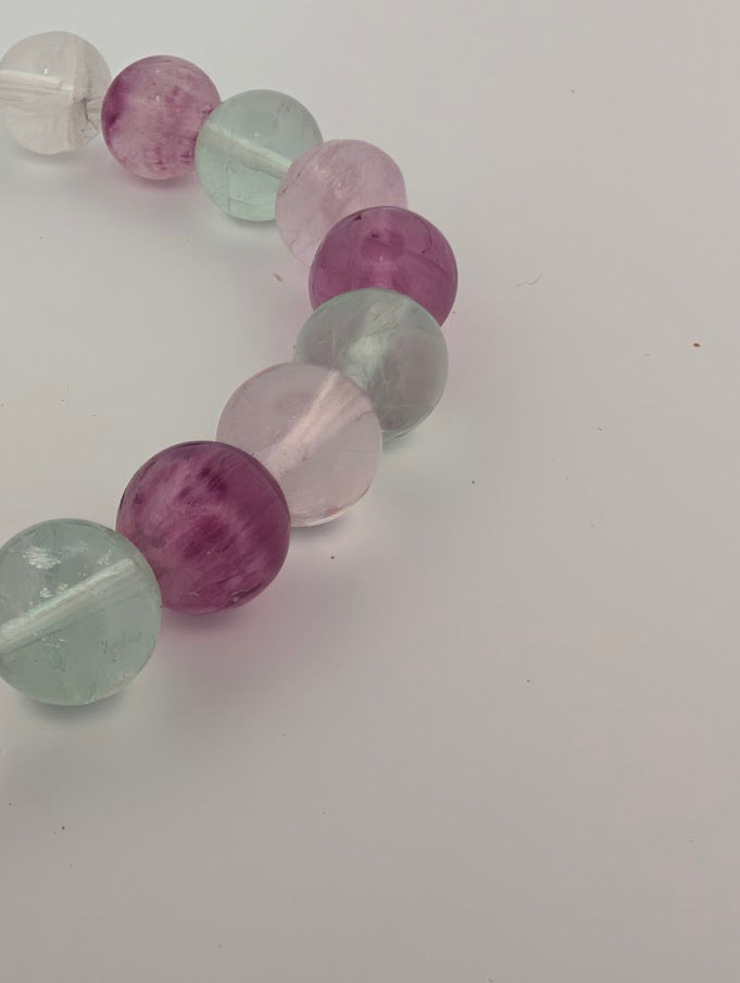 8mm rainbow fluorite bracelet closeup showing vivid green and purple beads