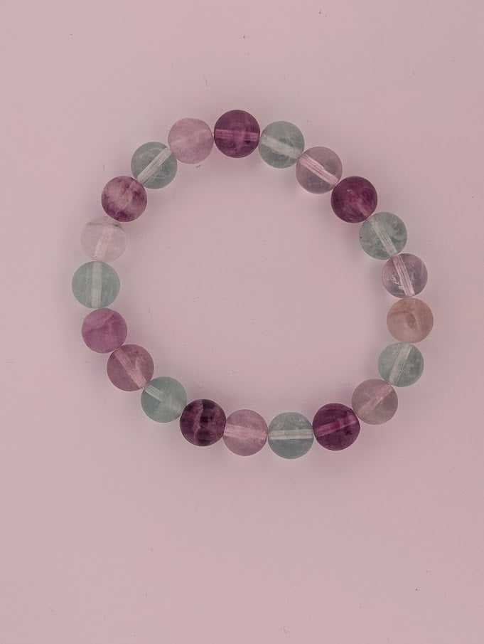 Top-down view of 8mm rainbow fluorite bracelet on white background