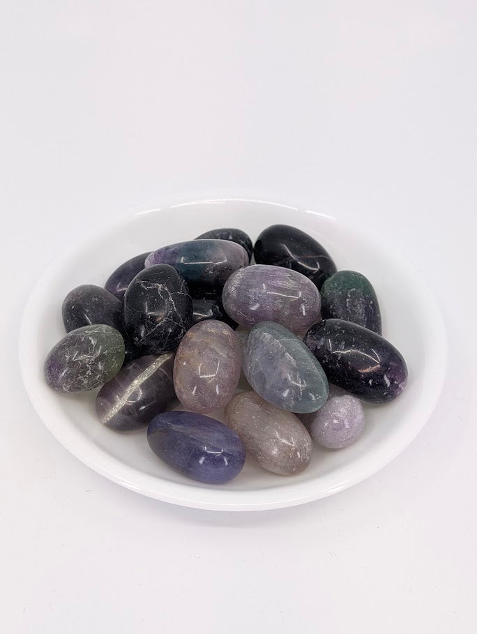Rainbow Fluorite tumbled stones A grade in bowl