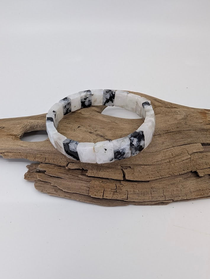 Rainbow Moonstone tile bracelet showing white and black feldspar pattern