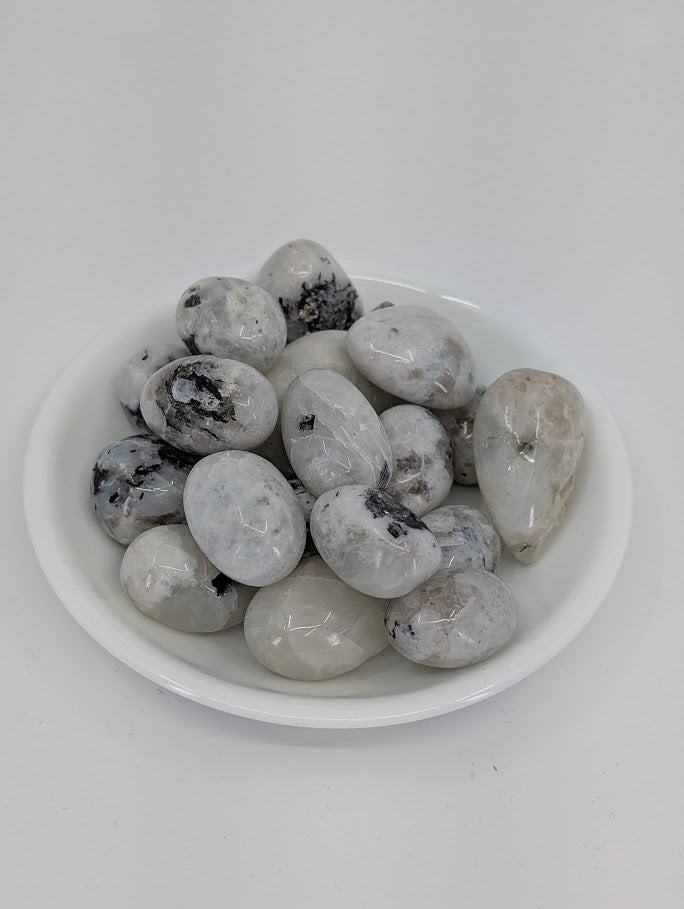 Rainbow Moonstone tumbled stones A grade in bowl