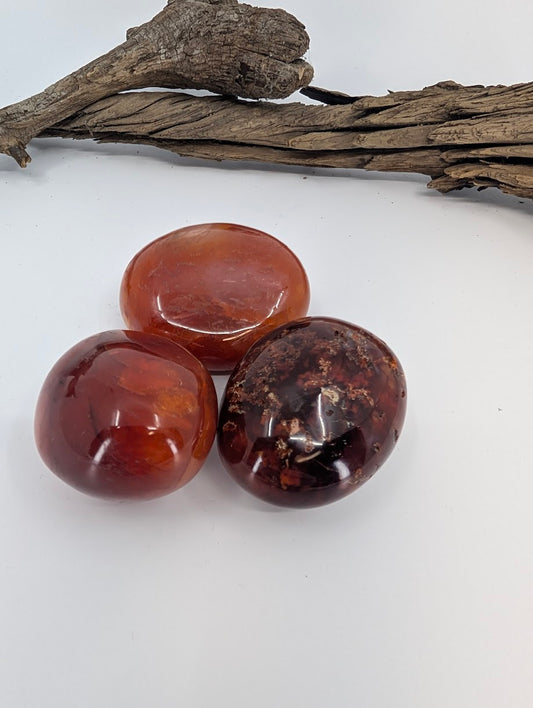 Red carnelian palm stones polished showing rich red and amber tones