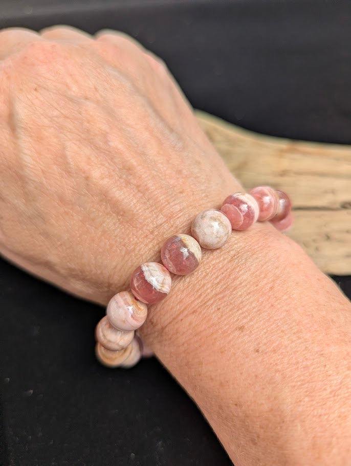 Intuitively selected 11mm polished Argentinian Rhodochrosite beaded stretch bracelet