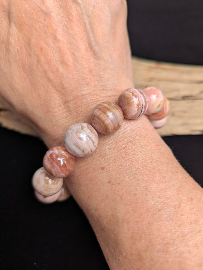 Intuitively selected 14mm polished Argentinian Rhodochrosite beaded stretch bracelet