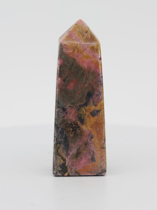 Polished Rhodonite tower from Pakistan featuring pink manganese, yellow spessartine, and black dendritic patterns.