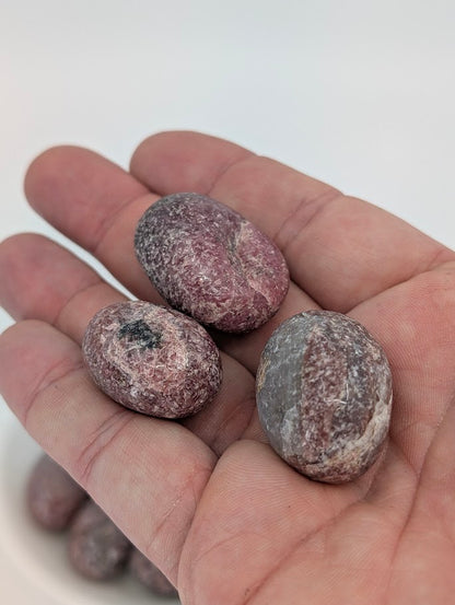 Rhodonite tumbled stones shown in hand for size reference