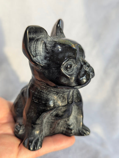 Bkack Obsidian & Milk Jade French Bulldog Mineral Carvings | Truth, Clarity, Loyalty ~ 4", 455g