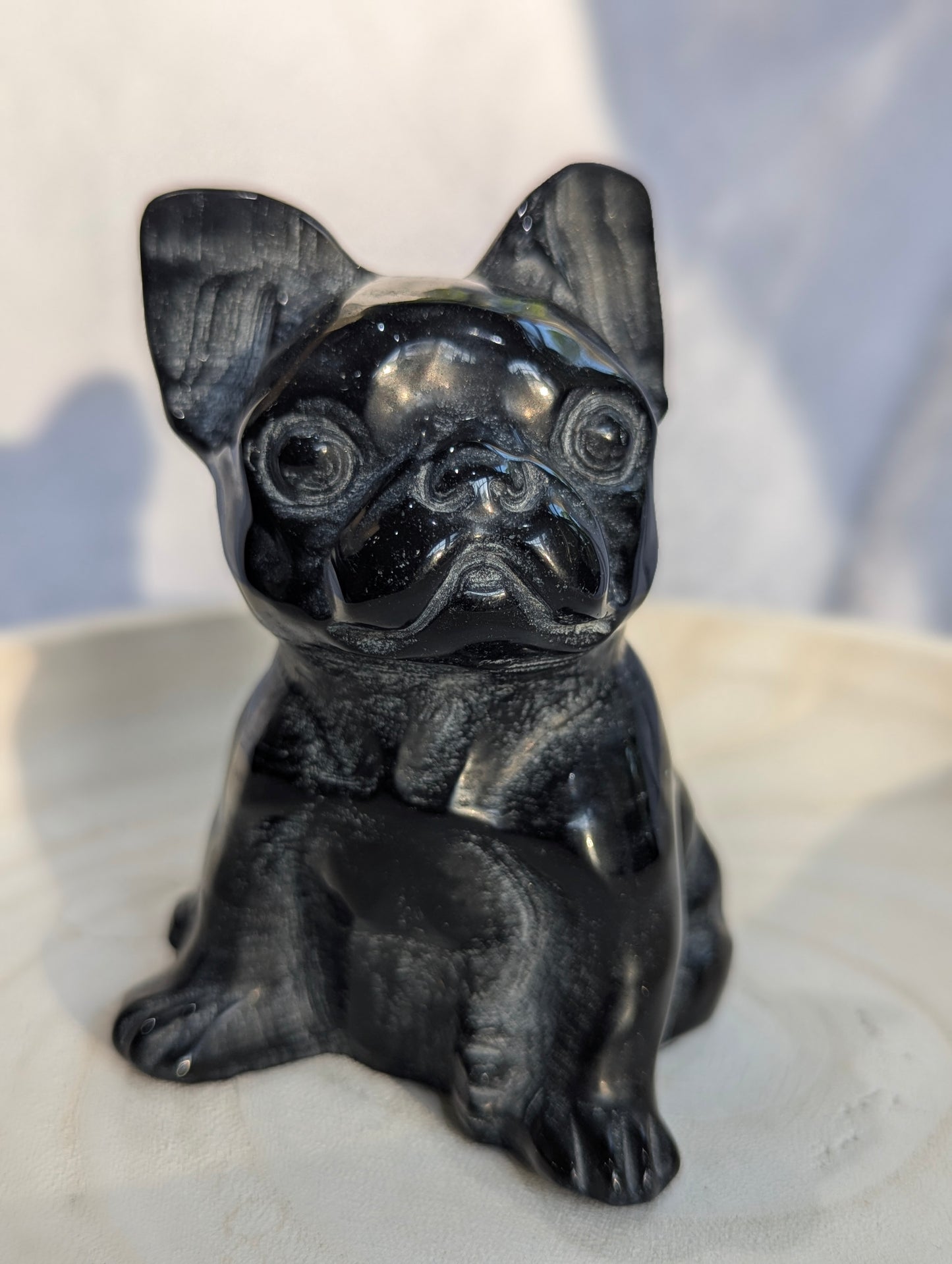 Bkack Obsidian & Milk Jade French Bulldog Mineral Carvings | Truth, Clarity, Loyalty ~ 4", 455g