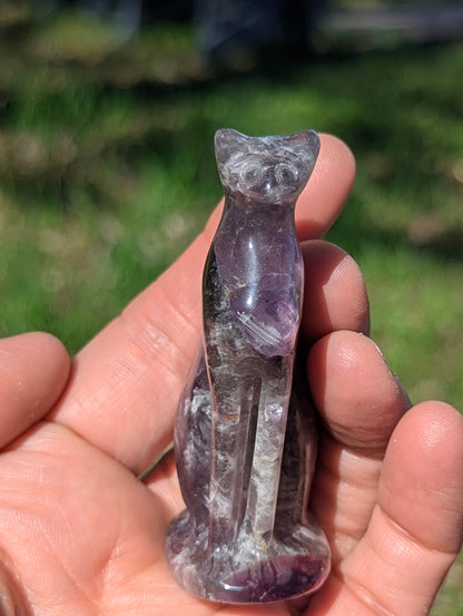 Purple Fluorite Egyptian Cat Goddess Divine Feline Carving - 2.7"