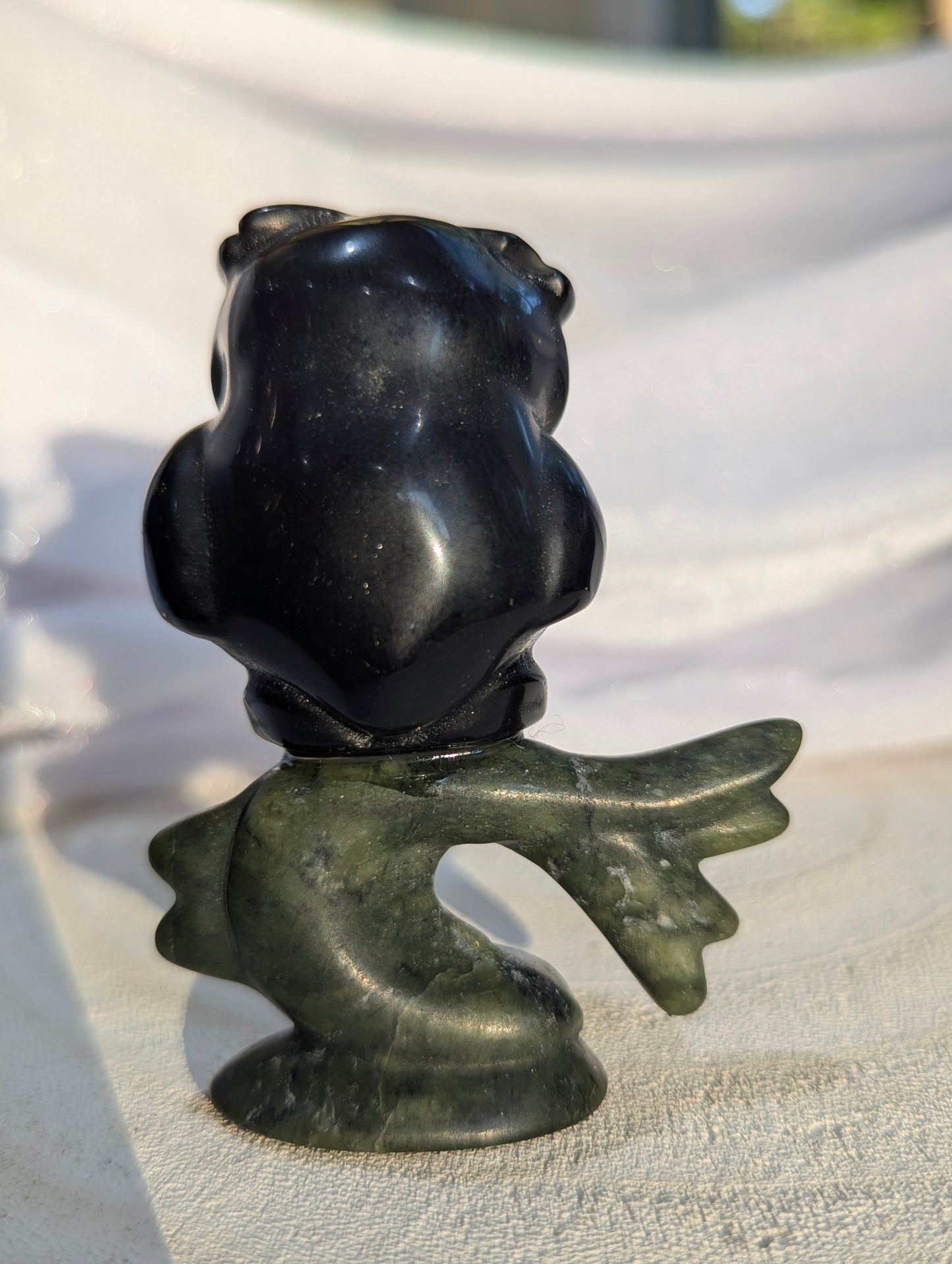 Black Obsidian Owl on Green Jade Tree Carving | wisdom, grounding, solid foundations ~ 2.7in.