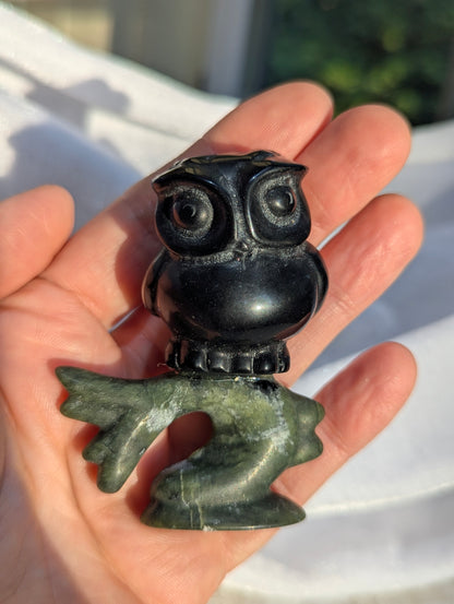 Black Obsidian Owl on Green Jade Tree Carving | wisdom, grounding, solid foundations ~ 2.7in.