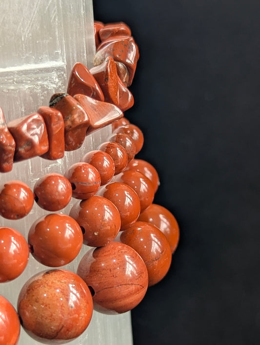 Red Jasper Beaded Bracelet — 6mm, 8mm, 12mm & chip