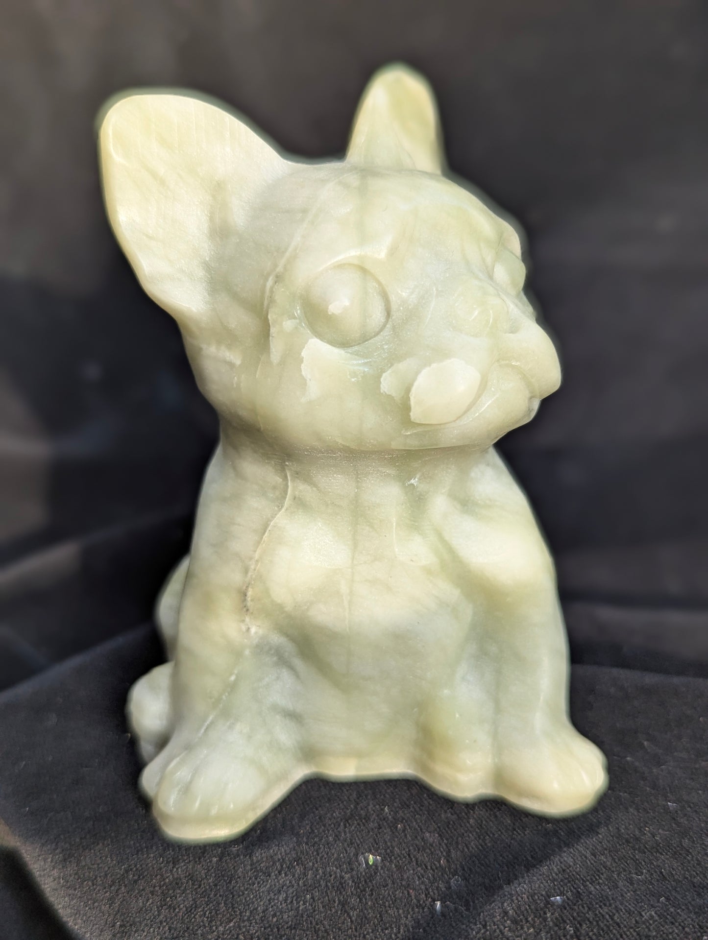 Bkack Obsidian & Milk Jade French Bulldog Mineral Carvings | Truth, Clarity, Loyalty ~ 4", 455g