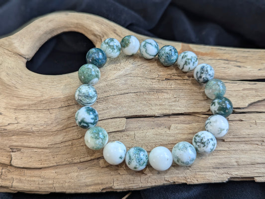 Bracelet en agate mousse blanche – Perles rondes polies de 8 mm