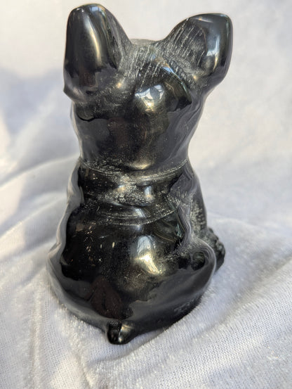 Bkack Obsidian & Milk Jade French Bulldog Mineral Carvings | Truth, Clarity, Loyalty ~ 4", 455g