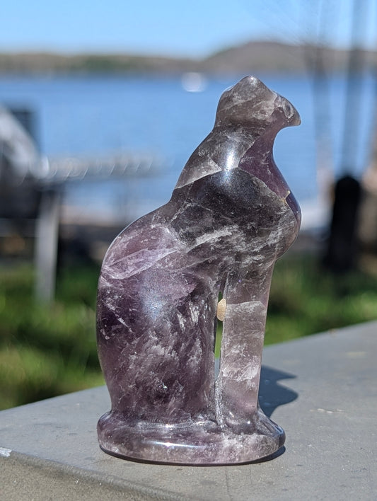 Purple Fluorite Egyptian Cat Goddess Divine Feline Carving - 2.7"