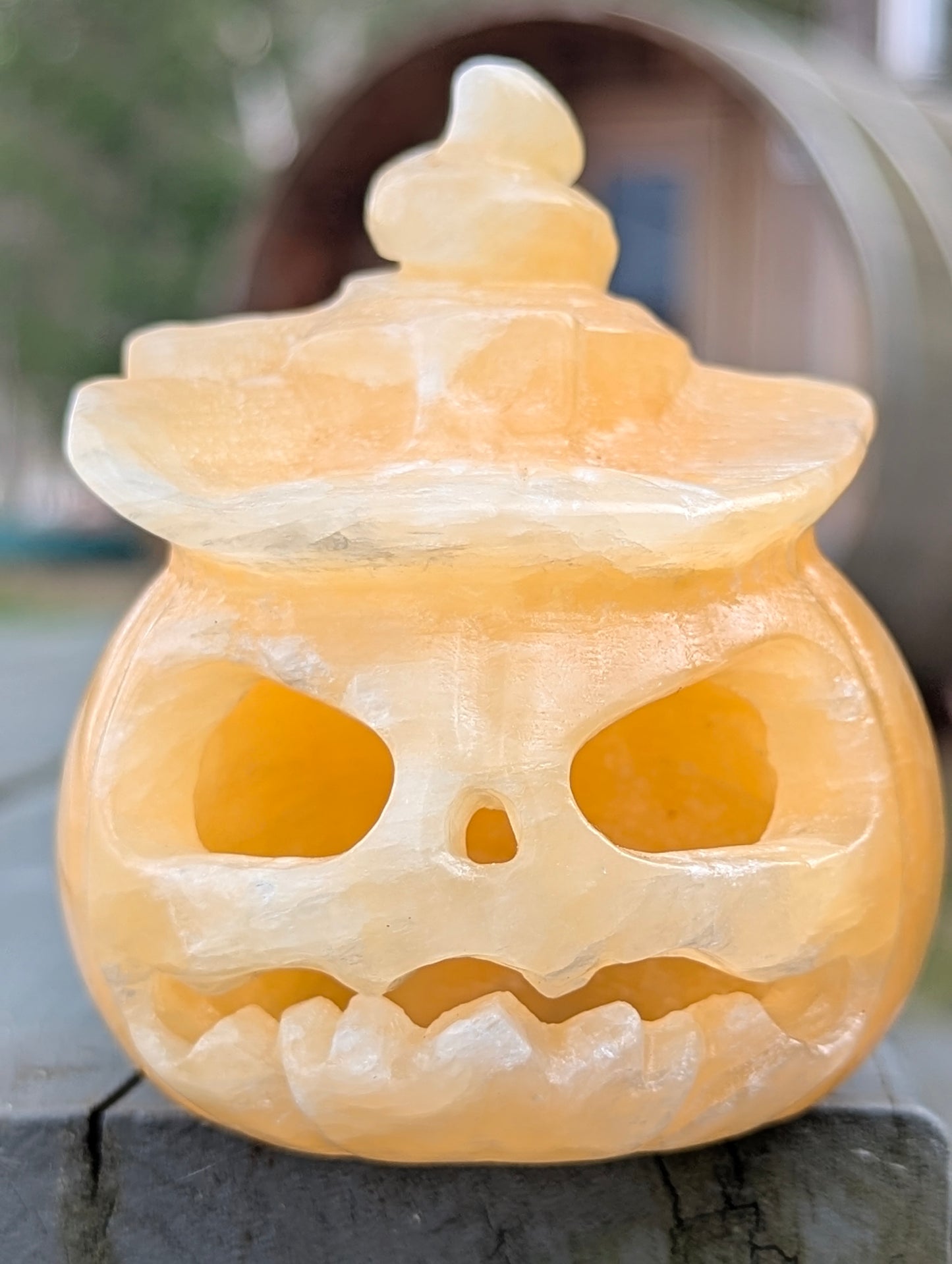 Orange Calcite Pumpkin with Witch Hat – 498 g