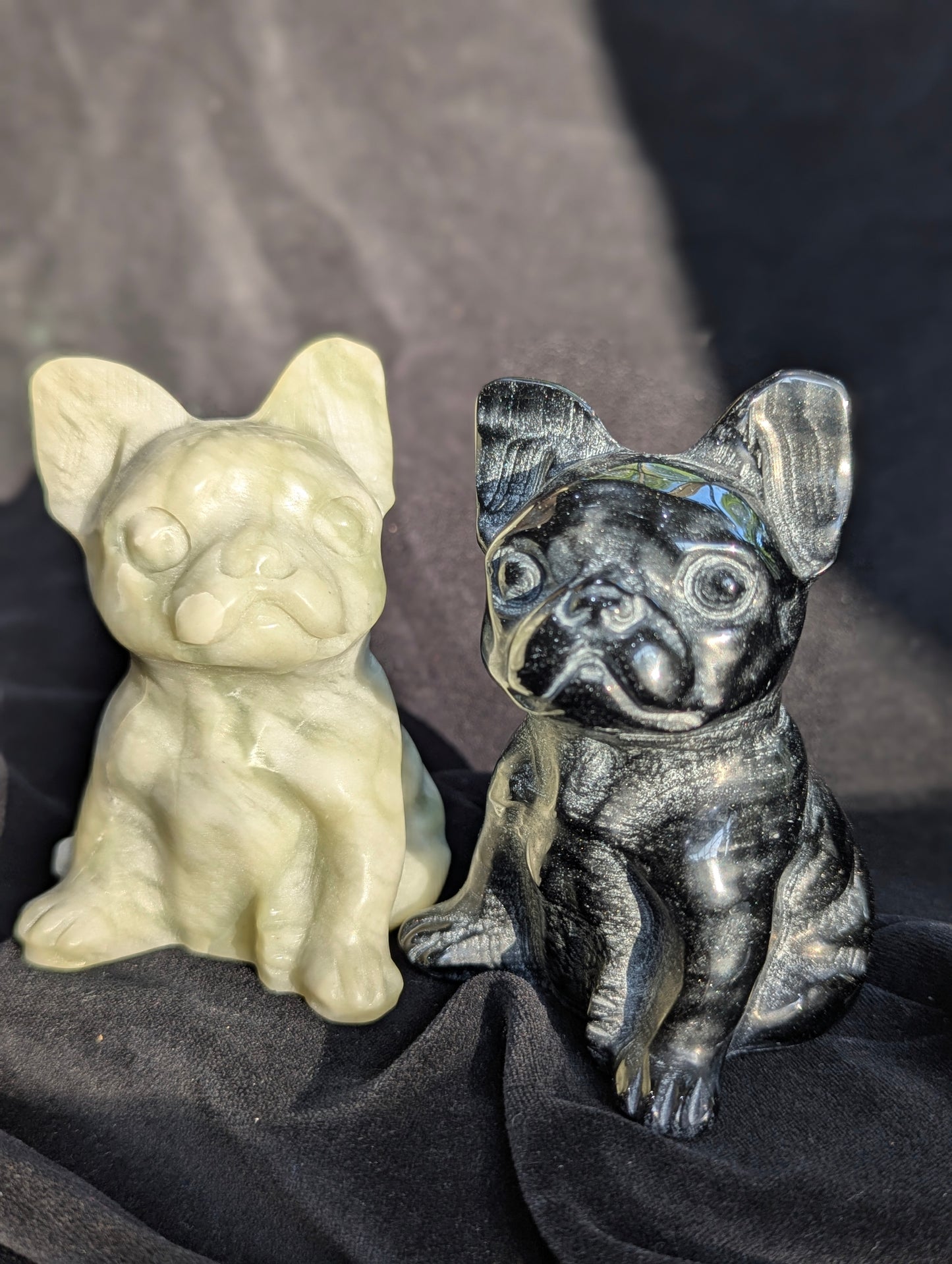 Bkack Obsidian & Milk Jade French Bulldog Mineral Carvings | Truth, Clarity, Loyalty ~ 4", 455g
