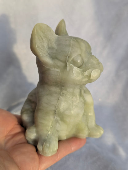 Bkack Obsidian & Milk Jade French Bulldog Mineral Carvings | Truth, Clarity, Loyalty ~ 4", 455g