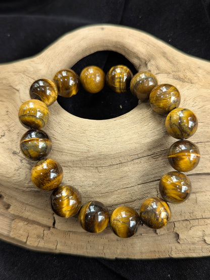 Bracelet Œil de tigre jaune – Perles rondes polies éclatées et de 8 mm