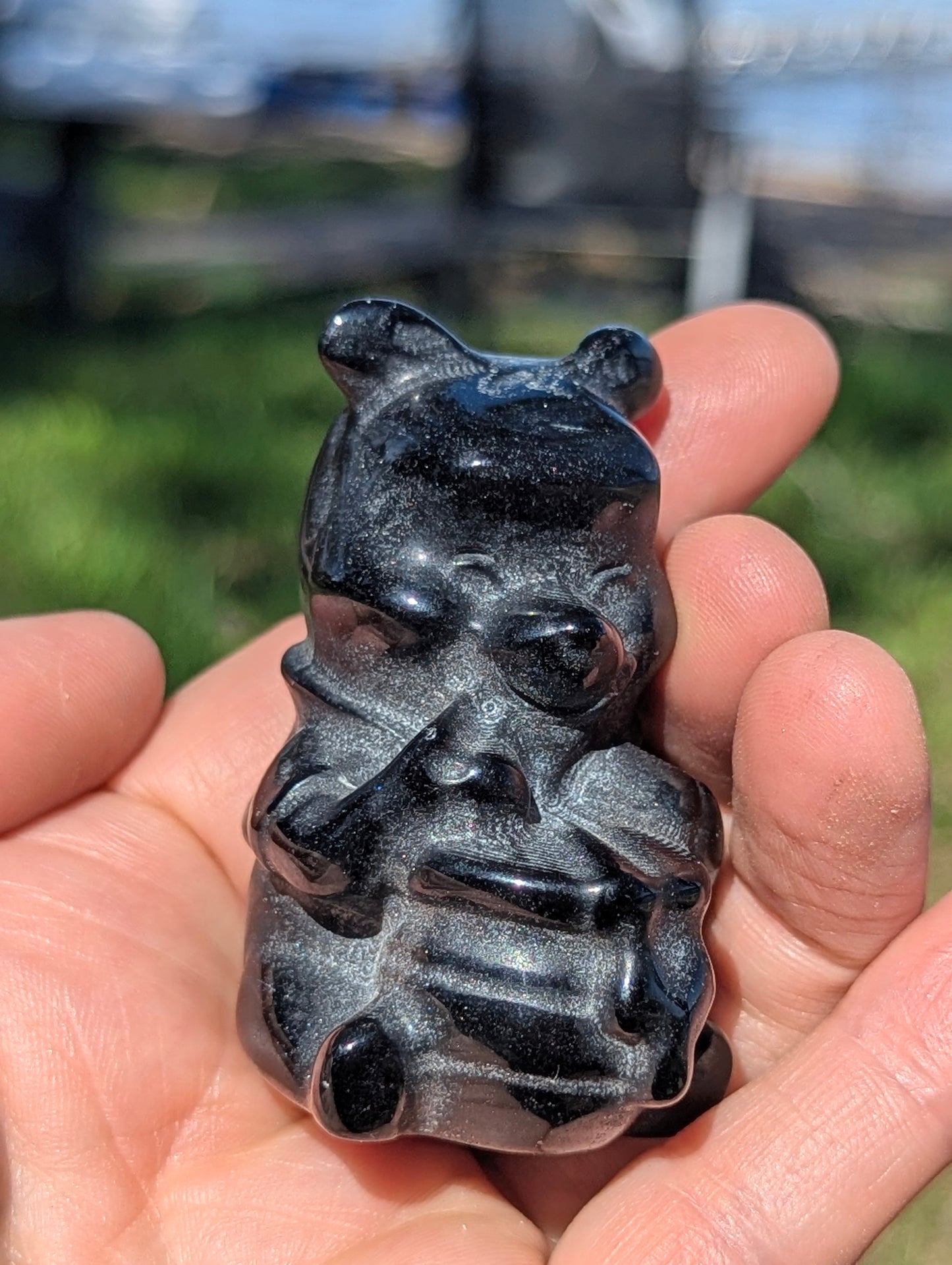 Winnie-the-Pooh with Honey -  Black Obsidian Carving - 2.3"