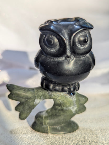 Black Obsidian Owl on Green Jade Tree Carving | wisdom, grounding, solid foundations ~ 2.7in.