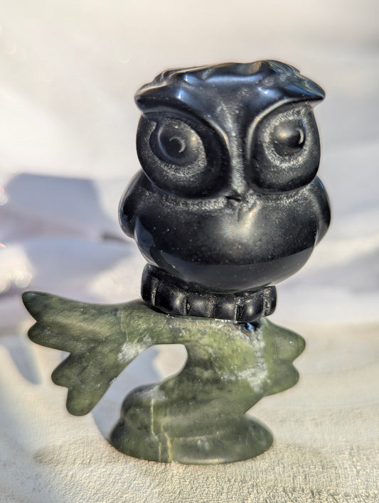 Black Obsidian Owl on Green Jade Tree Carving | wisdom, grounding, solid foundations ~ 2.7in.
