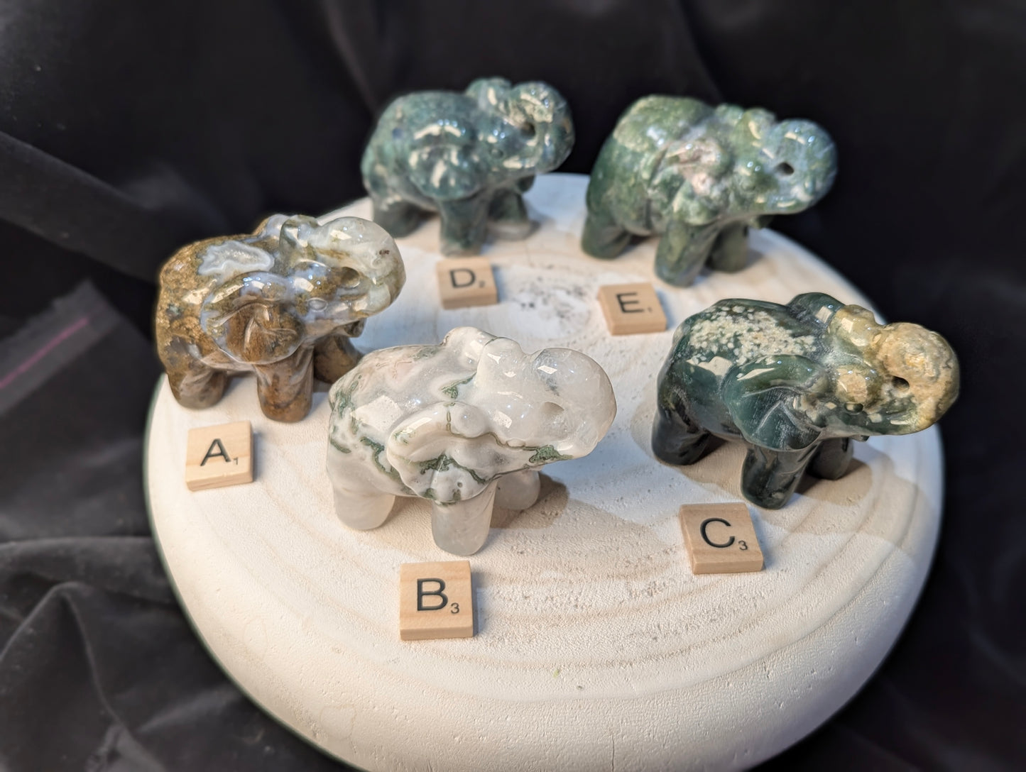 Moss Agate Elephants ~ 2.3in., 190g