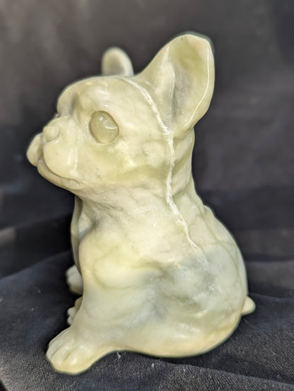 Bkack Obsidian & Milk Jade French Bulldog Mineral Carvings | Truth, Clarity, Loyalty ~ 4", 455g